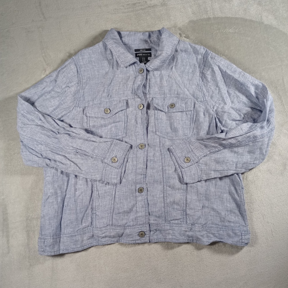 Jones New York Linen Jacket Womens 1X Blue Trucker Button Up Coastal Grandma